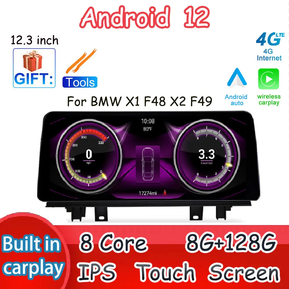 

Автомобильный радиоприемник EVO NBT 12,3 дюймов для BMW X1 F48 X2 F49 беспроводной Carplay GPS навигация мультимедийный плеер Android 12 сенсорный экран