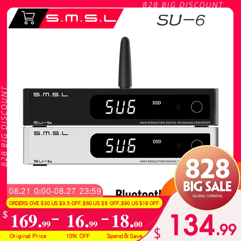 

SMSL SU-6 декодер ES9038Q2M OPA1612 * 4 32 бит/768 кГц DSD512 Bluetooth 5,0 SU6 настольный мини аудио DAC с дистанционным управлением