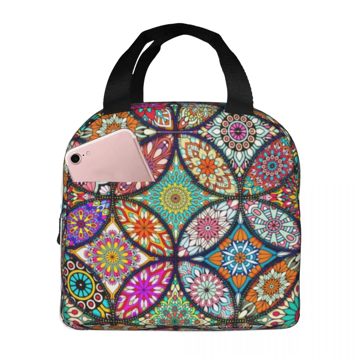 

Vintage Floral Mandalas Lunch Bag with Handle Mandala Creative Circles Aluminum Cooler Bag Hot Cool Clutch School Thermal Bag