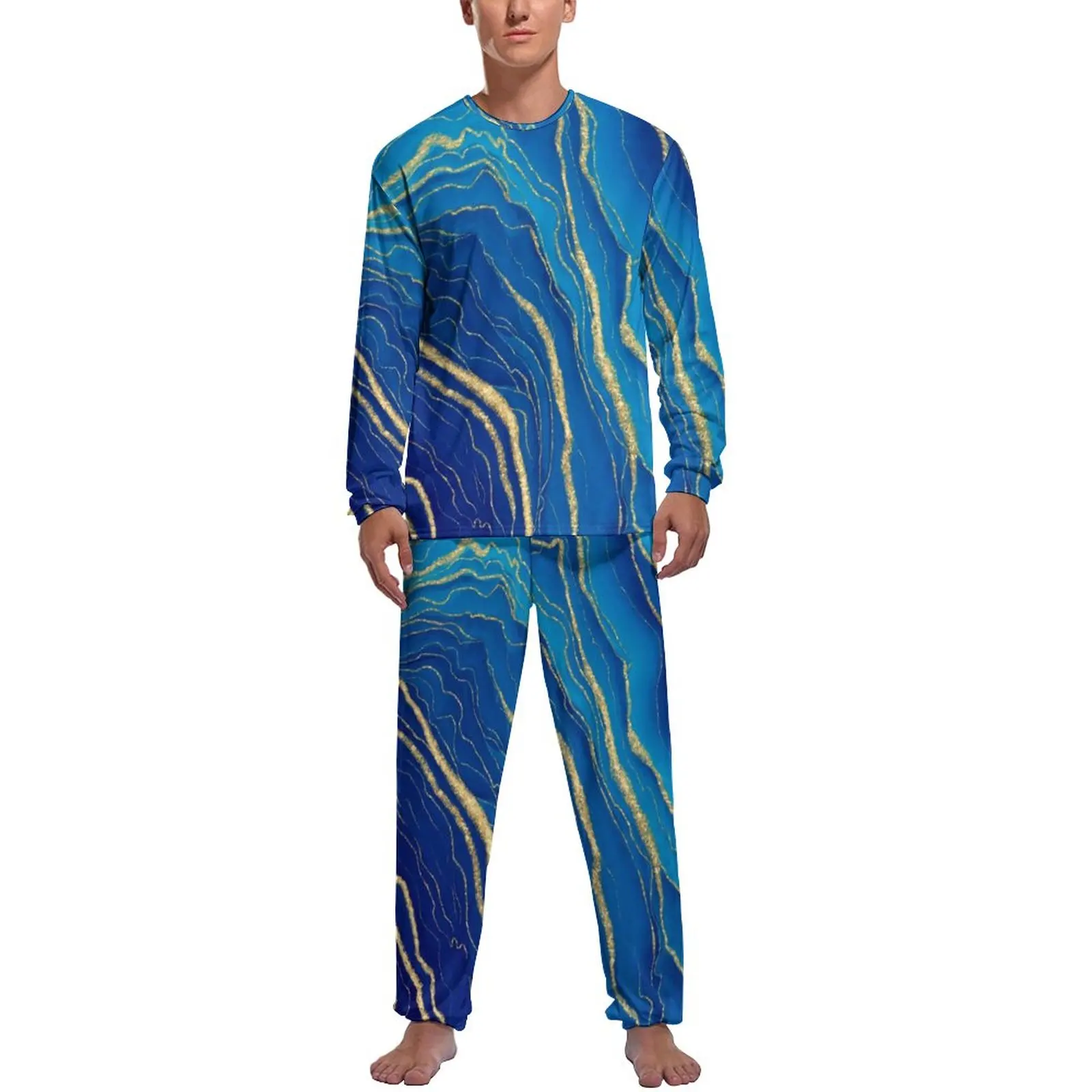 Blue Marble Pajamas Men Gold Fluid Liquid Cute Nightwear Winter Long-Sleeve 2 Piece Sleep Graphic Pajama Sets