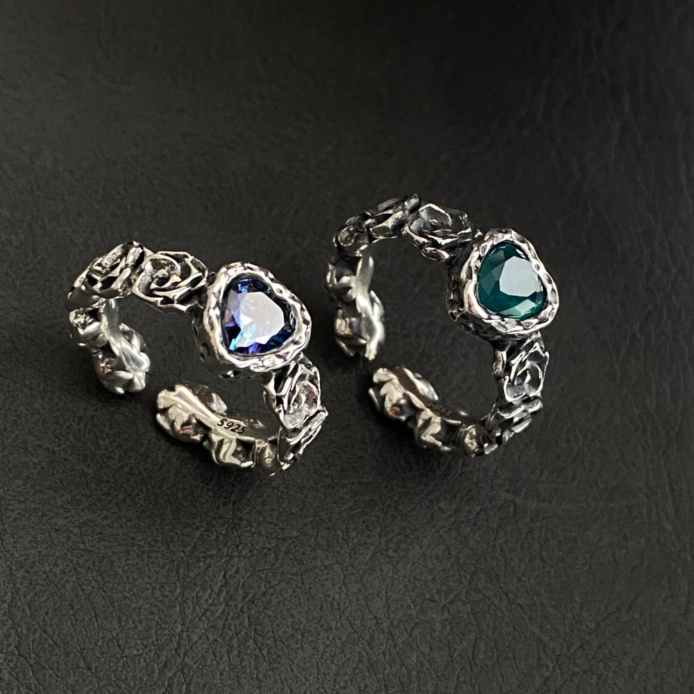 

Fashion Simple Zircon Silver Color Rings For Women Retro Rose Colorful Heart-shaped Open Ring Goth Jewelry Accessories Wholesale