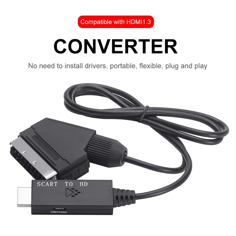 Scart To HDMI Compatible TV and Video Adapter 1080P/720P Conversion Cable DC 5V Micro USB Cable Suitable for HDTV/set-top Box