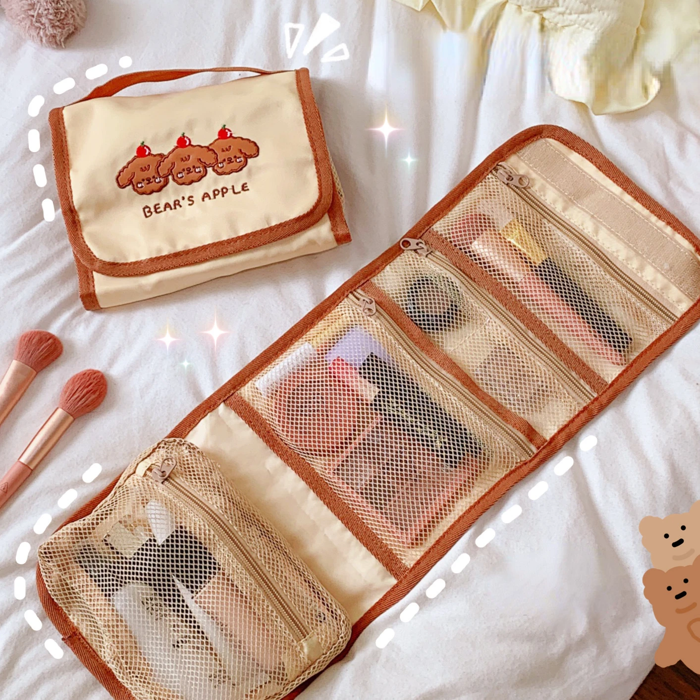 

Folding Cosmetic Bag For Women Zipper Mesh Separable Cosmetics Pouch Ladies Foldable Nylon Bag Rope Makeup Bag Kosmetyczka