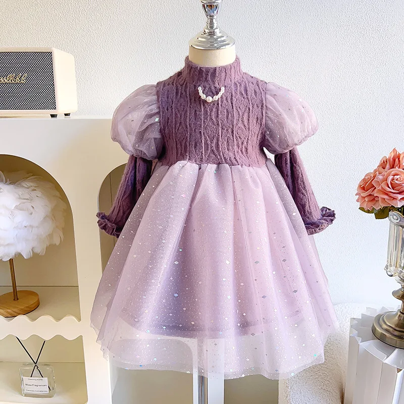 Платье для девочек с плюшевой и утепленной юбкой принцессы новинка зимы 2023