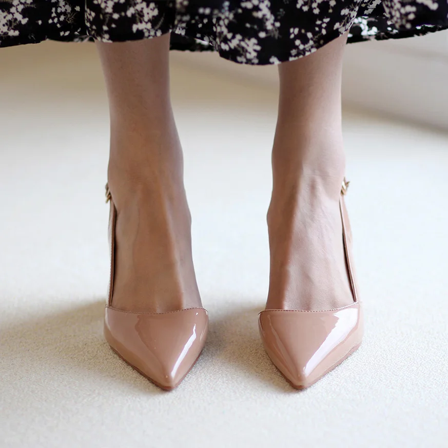 

Size 40 Pointed Toe Women Pumps Beige Nude Simple Shoes On Heel 5 CM Slingbacks Shoes Natural Leather Korea Style Woman Sandals
