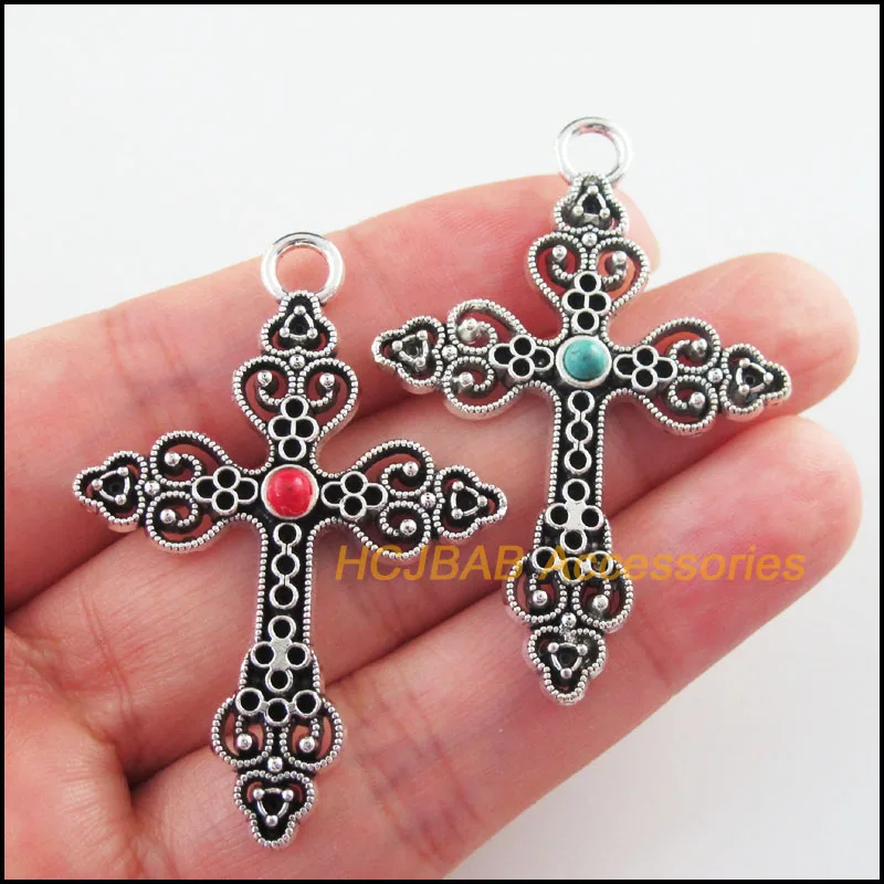 

Fashion 6Pcs Retro Tibetan Silver Tone Flower Cross Blue&Red Stone Charms Pendants 34.5x50mm