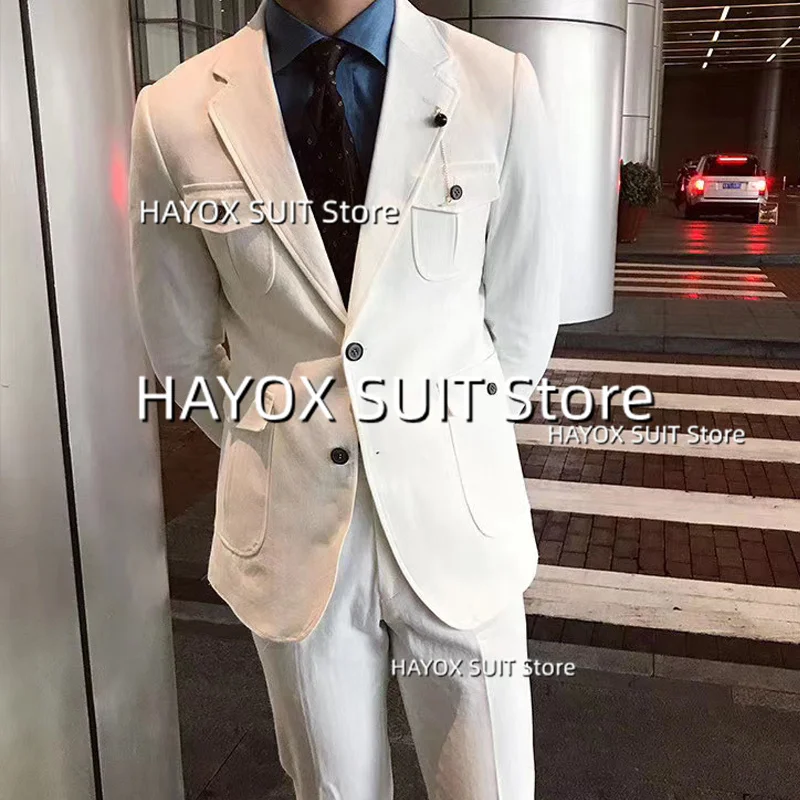Men's Suits 2 Piece Slim Fit Single Breasted Point Lapel Cargo Jacket Pants Wedding Groom Prom Tuxedo Blazer Set