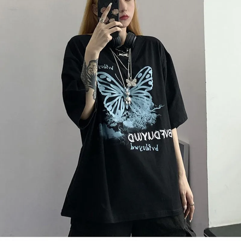 

Hip Hop Oversize T Shirt women Streetwear Harajuku Color Butterfly Tshirt Short Sleeve Polyester Loose HipHop T-Shirt