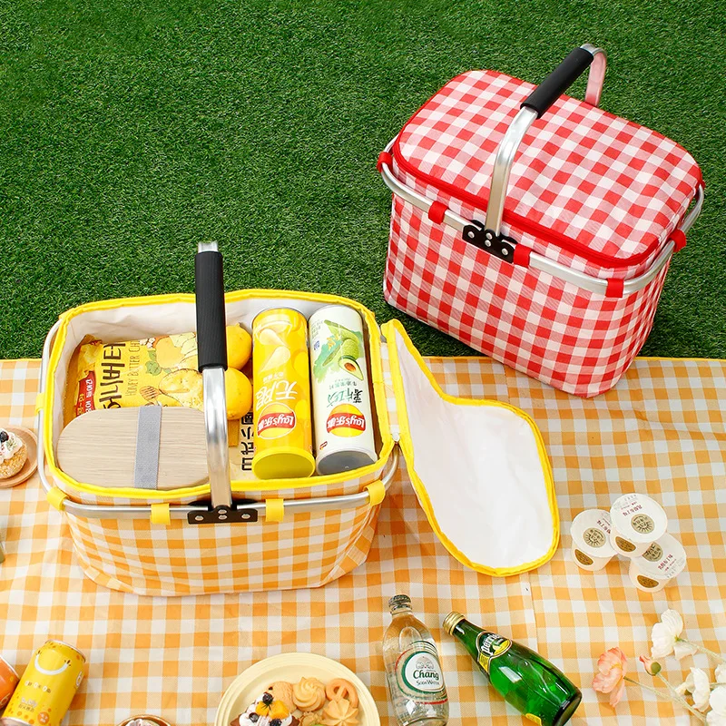 Aluminum Picnic Baskets Portable Waterproof Retain Freshness Picnic Bags Lattice Large Capacity Simple Adult Lunchbox Handbags