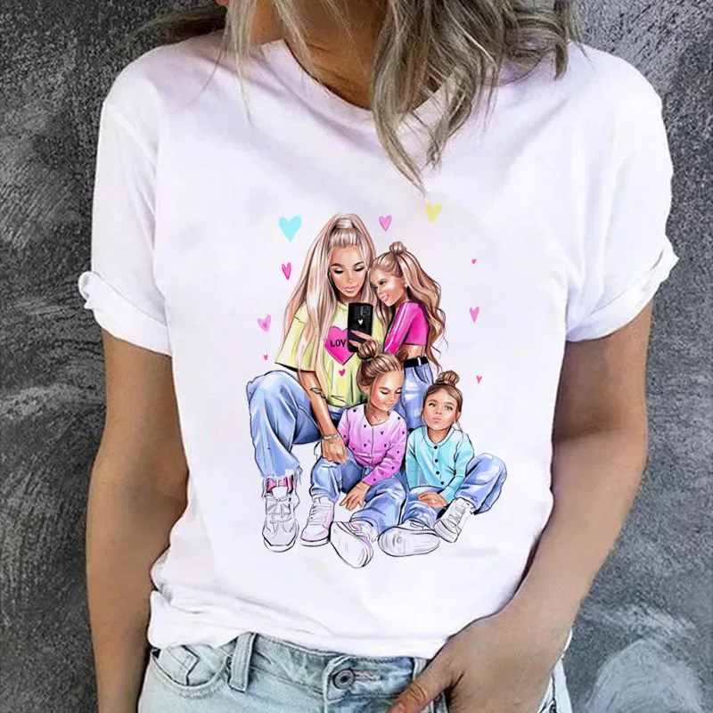 

Women t shirt Cartoon Momlife Mom Mother Three Girls Print Mother Lady T-Shirt Top T Shirt Ladies Womens Graphic Female T-Shirt