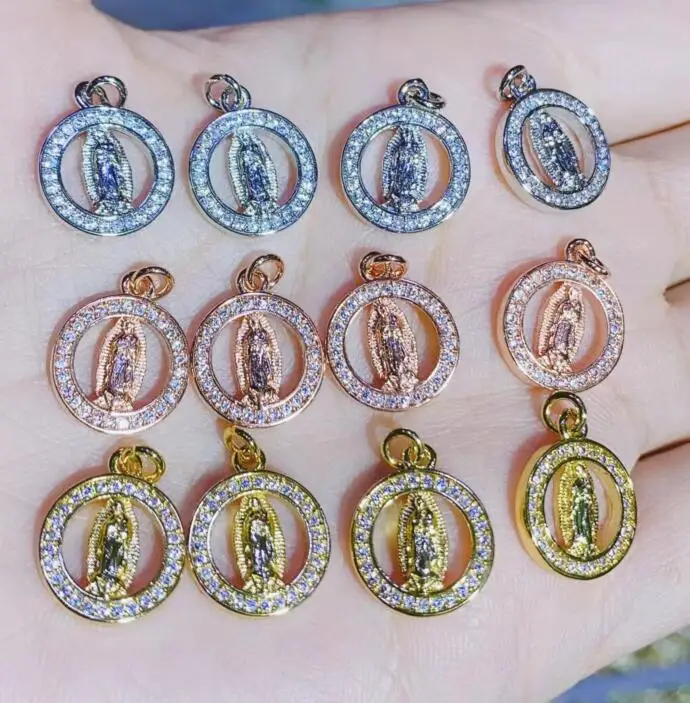 

1pcs CZ Stone round Virgin Mary Necklace Charms for Jewelry Making rose Gold Jesus Pendant Wholesale dsf3