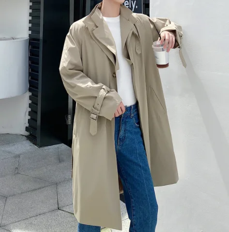 

New autumn personality design double tie belt Korean casual long knee trench coat men handsome coat