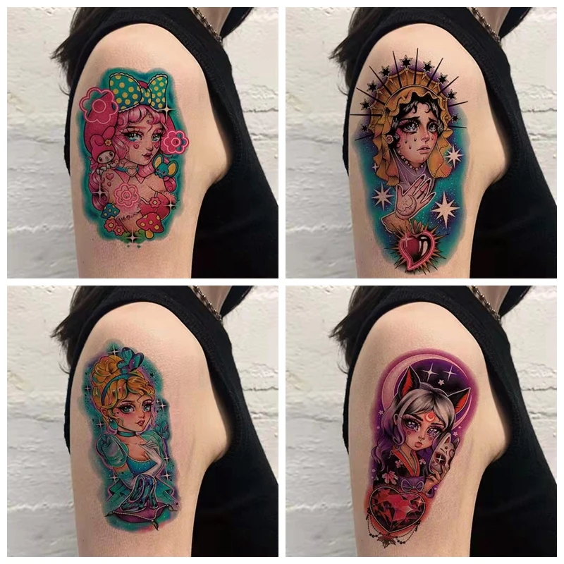 

Sdotter Fantasy Cartoon Temporary Tattoo Sticker Female Waterproof Watercolor Cute Girl Heart Flower Arm Art Fake Tattoo Sexy Ta