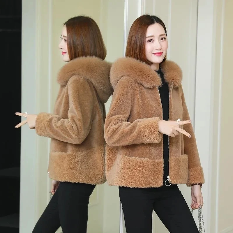 

Womemn Faux Fur Coat Women Sheep Shearing Fall Winter Granular Velvet Korean Coat Short Faux Fox Fur Collar Hooded Coat Female