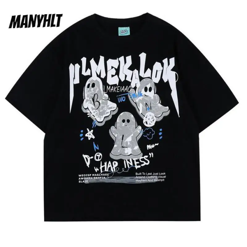 

Уличная одежда 2022, летняя мужская футболка в стиле хип-хоп, граффити, мультяшный призрачный принт, футболки с коротким рукавом, унисекс, Хара...