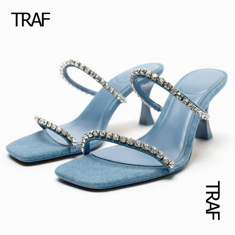 

TRAF Elegant Denim Heeled Sandals Women 2023 Summer Rhinestone Heels Ladies High heels Slingback Sandalias Luxury Woman Pumps