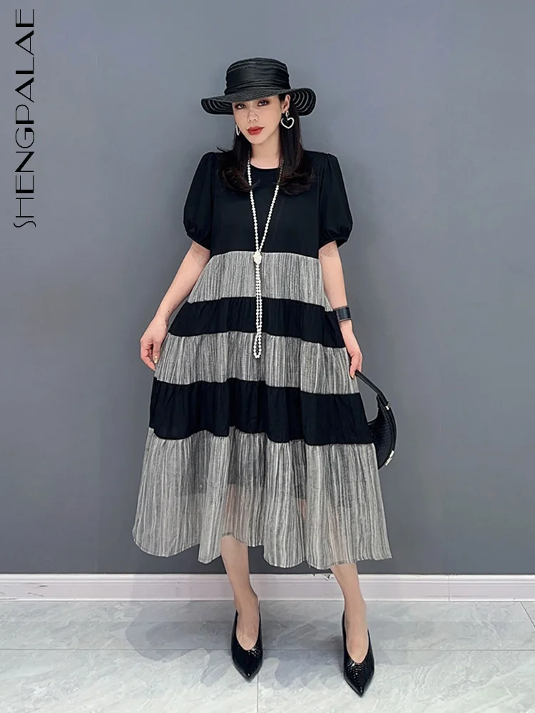

SHENGPALAE Striped Dress For Women Fashion Patchwork O-neck Short Sleeve Loose Waist Pleated Vestido Summer 2023 New Tide 5R4256