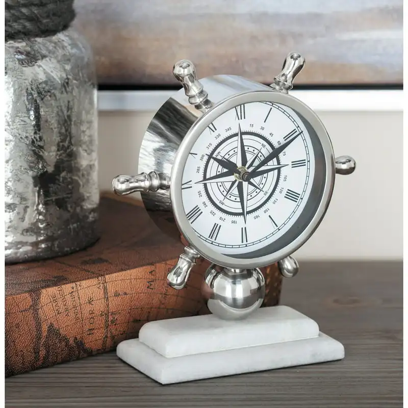 

Silver Stainless Steel Ship Wheel Clock with Marble Base Alarm clocks Home decoration luxury Table clock Clock kit Wall decor Ro