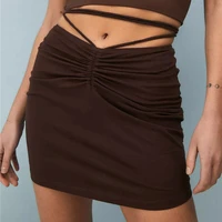 2021 casual high waist mini skirt women drawstring wrapped ruched slim stretch pencil skirts ladies fashion tie up bottoms black