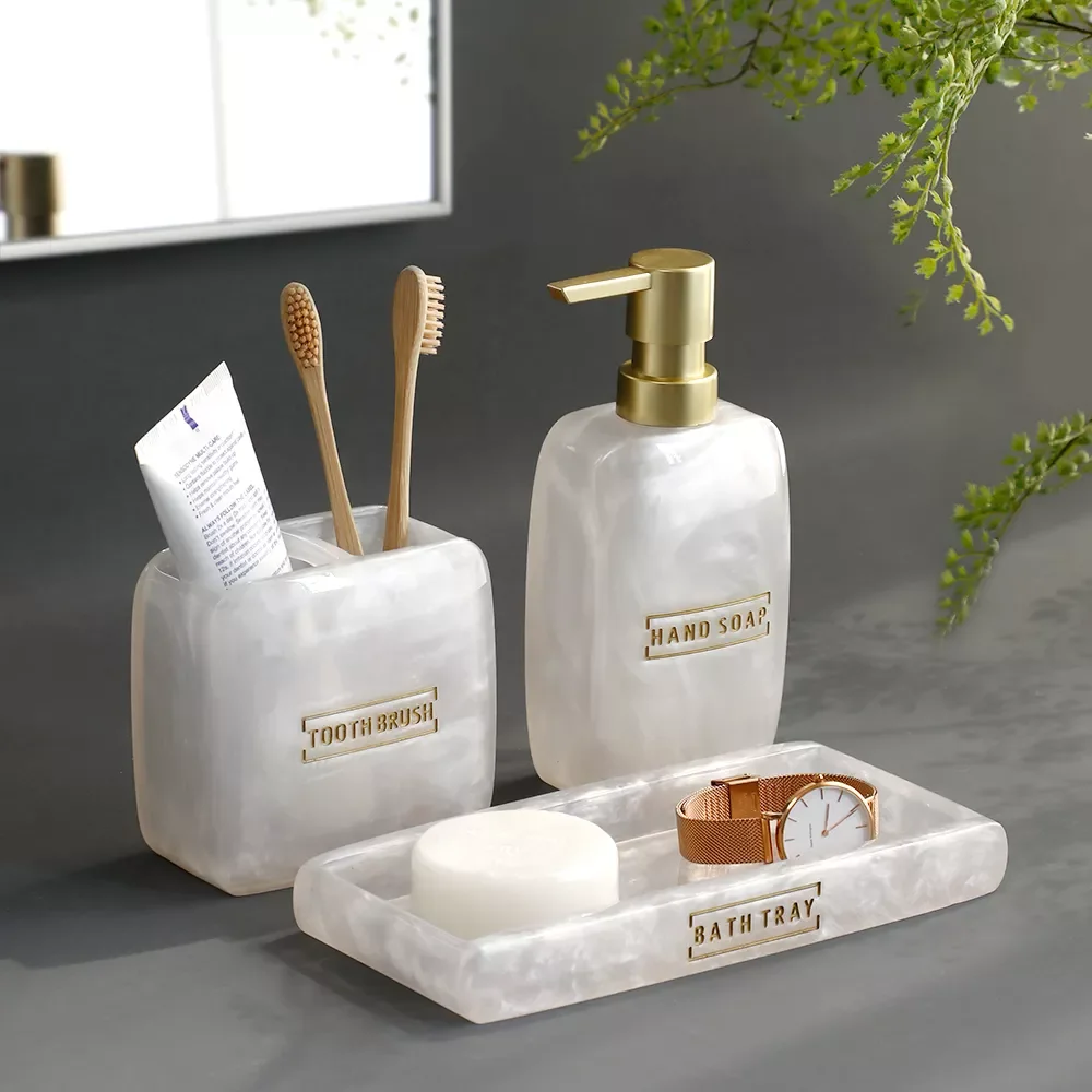 

NEW2023 Bathroom Accessories White Pearl Look Bathroom Vanity Countertop Accessory Set,Soap Dispenser,Toothbrush Holder Set,Tray