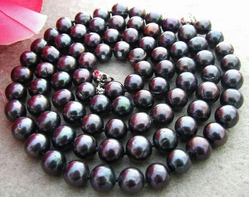 

32" Rare Natural Tahitian 9-10mm Black Round Pearl Long Necklace