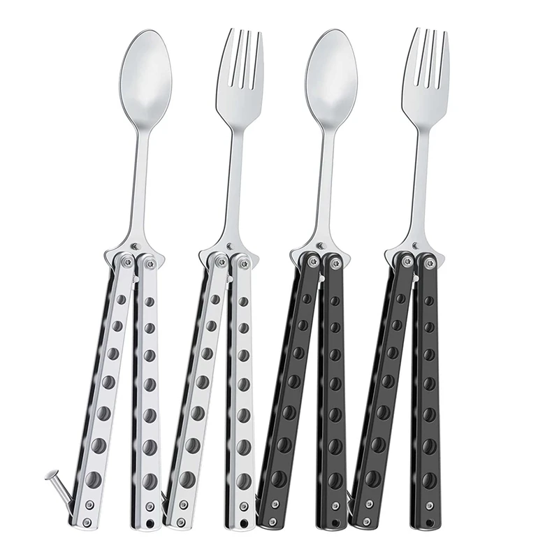 

4 Pcs Butterfly Spoon Folding Stainless Steel Forks And Spoons For Travel Hiking BBQ