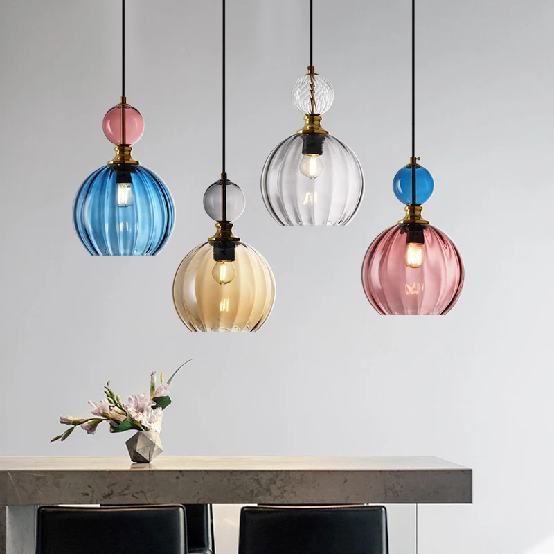 Modern Pendant Lights Nordic Color Candy Bedroom Children's Room Single Head Glass Hanging Lamps Home Decor Fixtures Restaurant