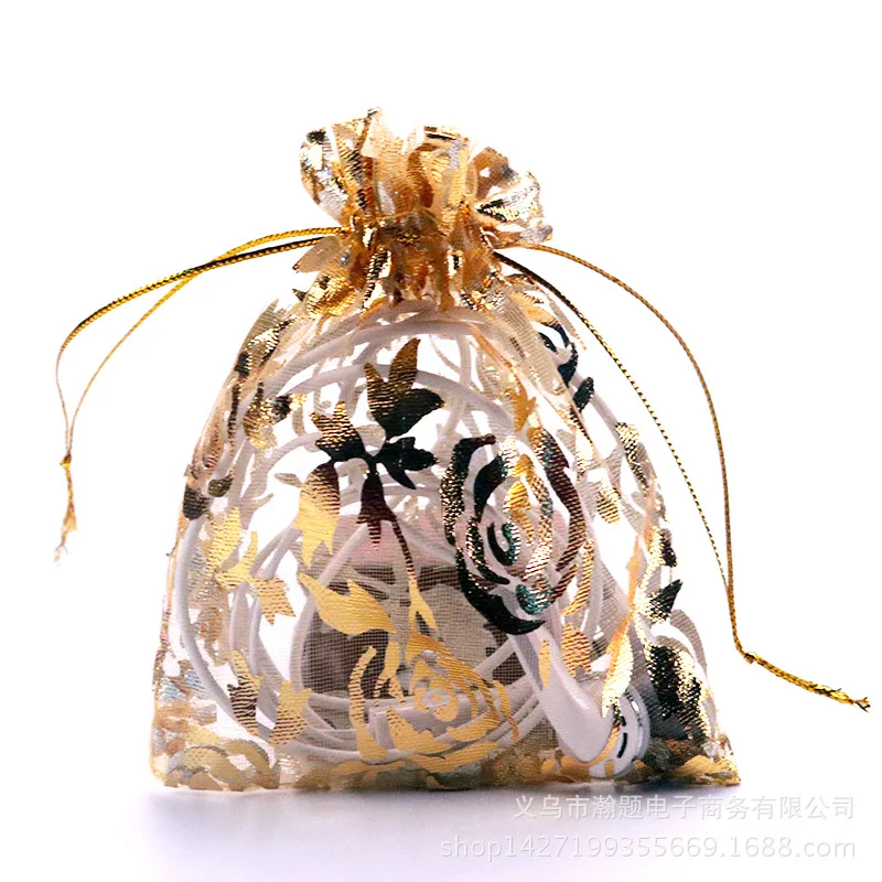 

New 17X23 cm Multicolor Gold Rose Organza Bags Christmas Candy Gift Bags Pretty Printed Organza Rose Jewelry Pouches 100 pcs/lot