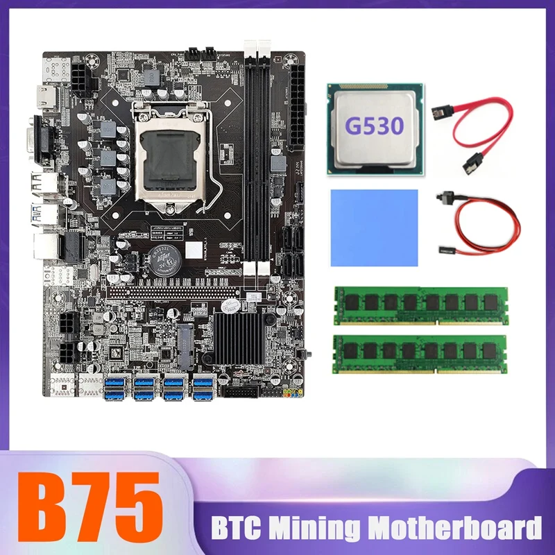 

B75 BTC Miner Motherboard 8XUSB+G530 CPU+2XDDR3 8G 1600Mhz RAM+SATA Cable+Switch Cable+Thermal Pad B75 USB Motherboard