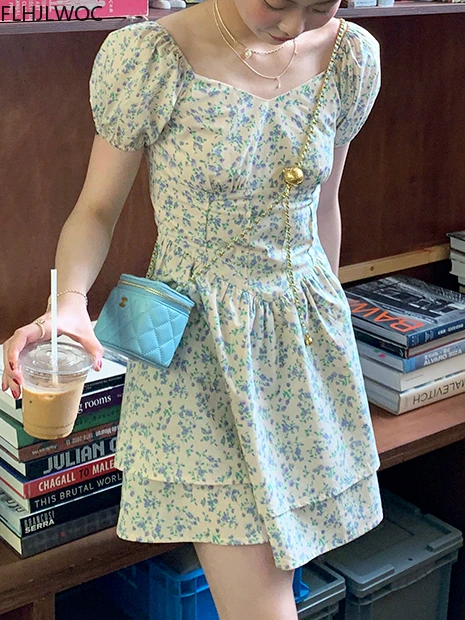 

2022 Summer Holiday Girls Women Cute Sweet French Design A Line Date Retro Vintage Green Floral Print Ruffles Short Mini Dress
