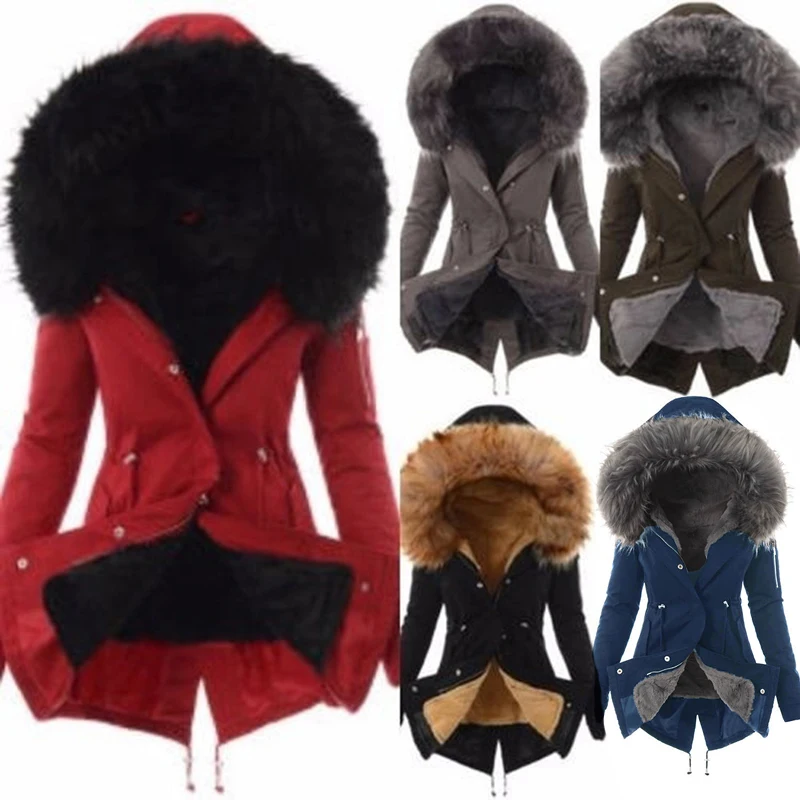 

Drawstring Waist Plush Hooded Coat Autumn Winter Cotton Coa Hooded Slim Warm Zipper hooded Fleece Lined women winter autumn