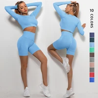 cxuey seamless long sleeves cycling workout shorts 2 piece woman outfit yoga sets women gym clothes sport suit for fitness blue