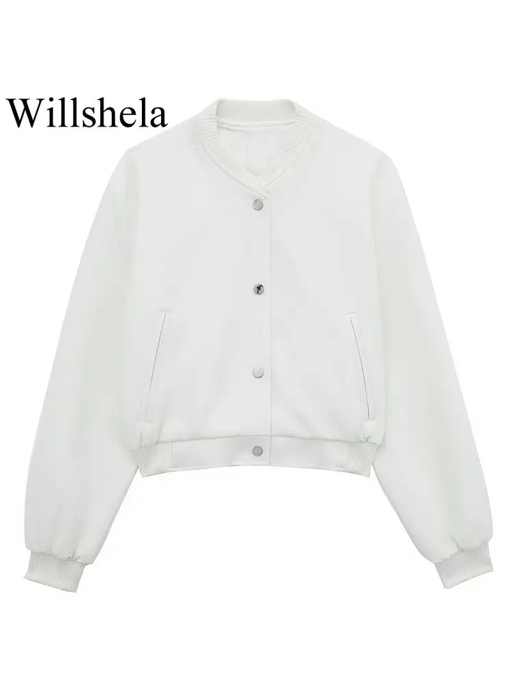 

Willshela/Женская мода с карманами, бежевый однобортный Бомбер, винтажные куртки с круглым вырезом и длинными рукавами, Женская шикарная одежда