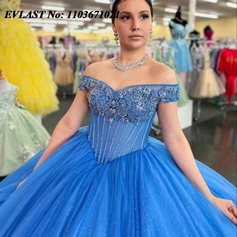 Блестящее синее платье EVLAST Quinnceanera бальное Тюлевая аппликация бисер кристаллы