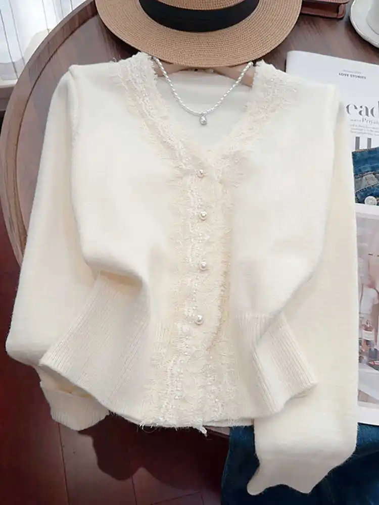 Женский белый кружевной лоскутный кардиган свитер в стиле Харадзюку корейский