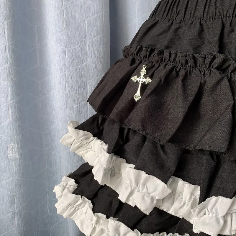 Фото Корейская популярная короткая юбка Cross Goth Jiri Kei с милыми рюшами, черные мини-юбки Kawaii Lolita Cake для девочек, многослойная юбка Y2k №5