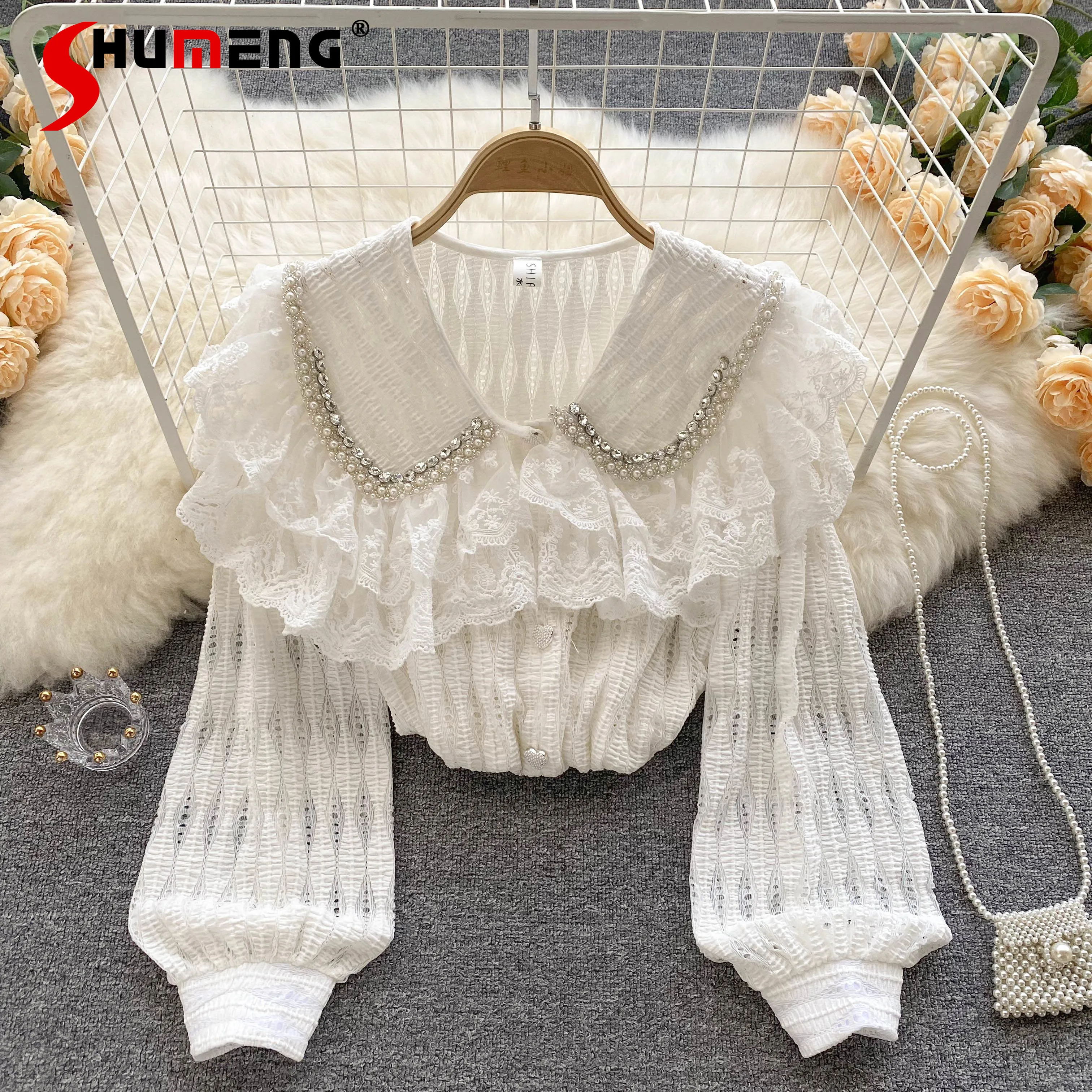 

Sweet Beaded Lace Doll Collar Shirt for Women 2022 Spring New Temperament Crocheted Hollow Single-Breasted Blouse Female Fashion