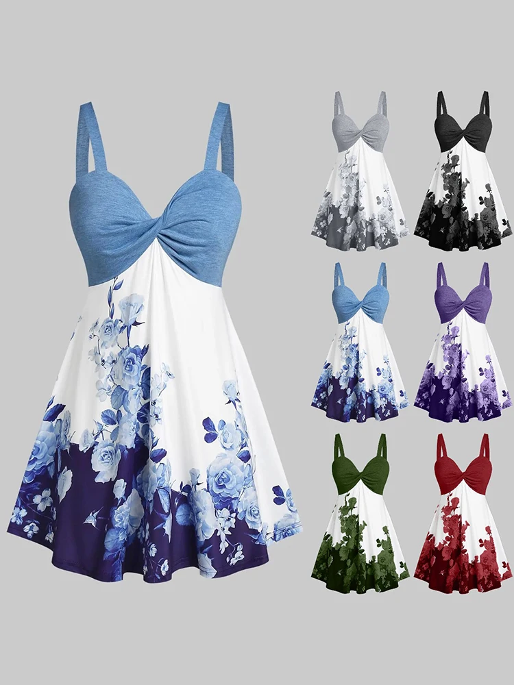 

Summer Women's Tank Top Curve Floral Print Front Twist Empire Waist Fashion Recreational Sexy Sleeveless Print Top Casual