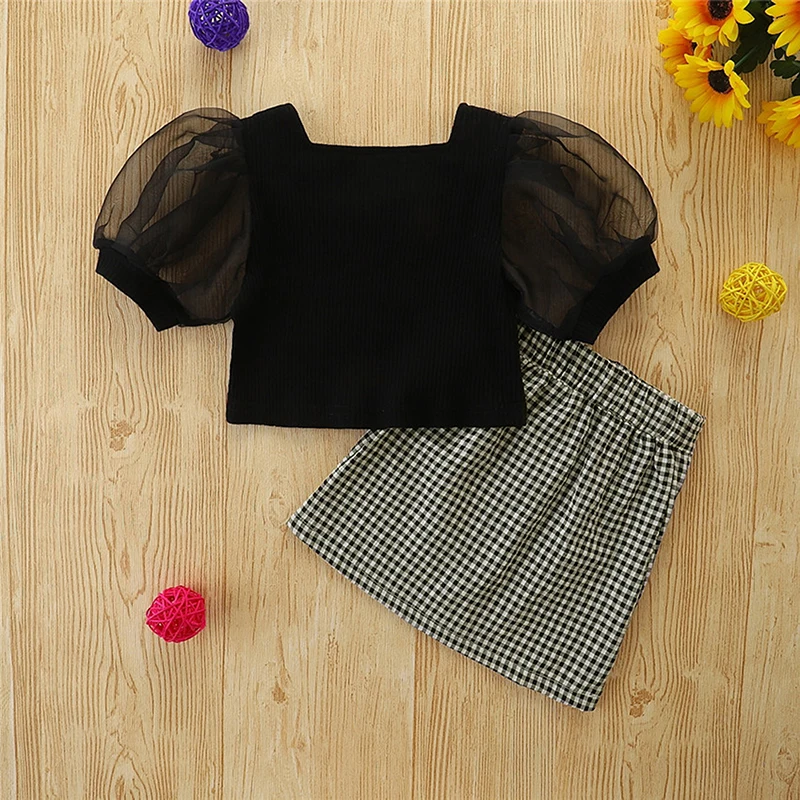 

Новое поступление, Детские Дизайнерские комплекты, черный топ с коротким рукавом-фонариком и квадратным вырезом + юбка-трапеция из твида