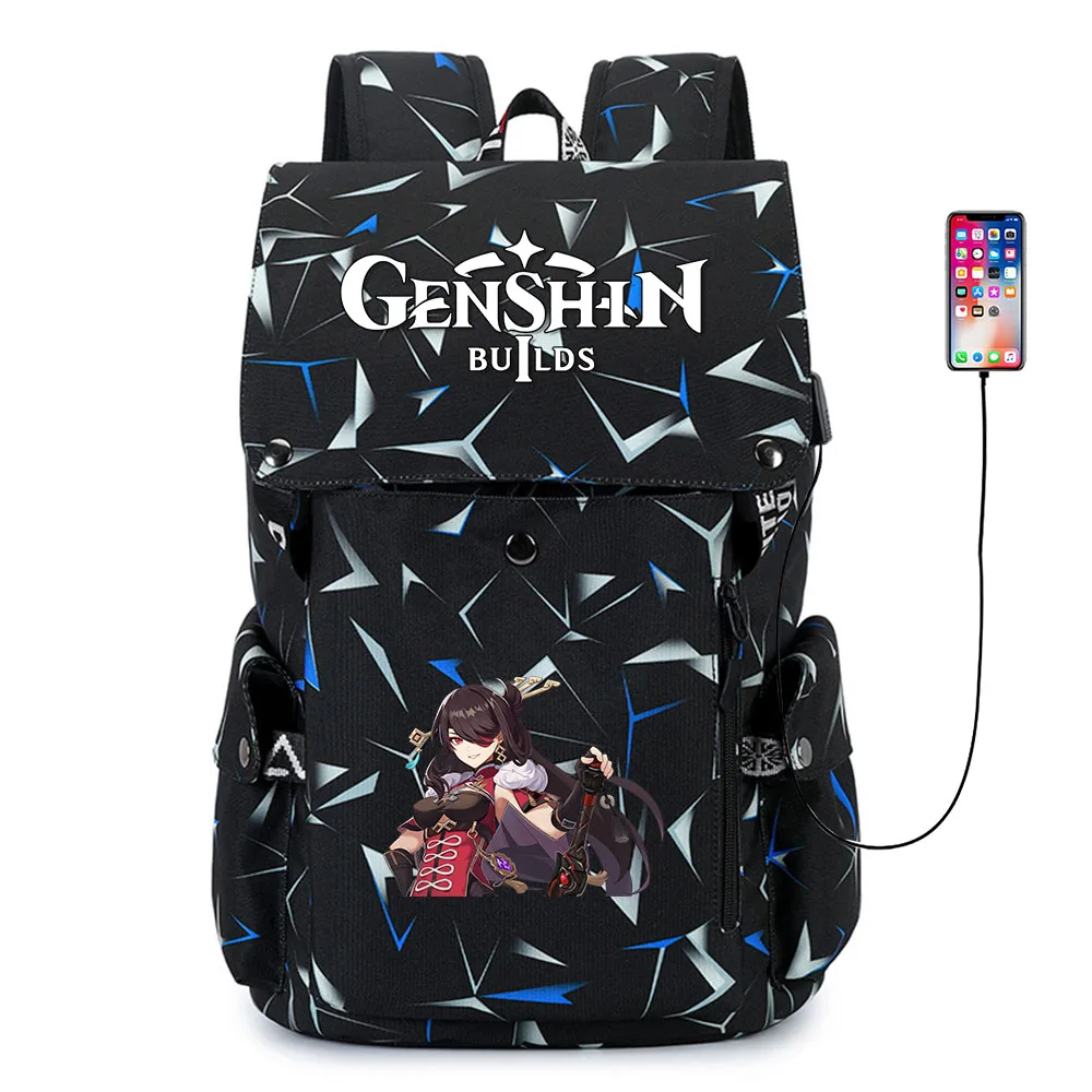 

Genshin Impact USB Charging Backpack Student Cartoon Printing Schoolbag Casual Laptop Bag Teenager Oxford Cloth Zipper Packsack