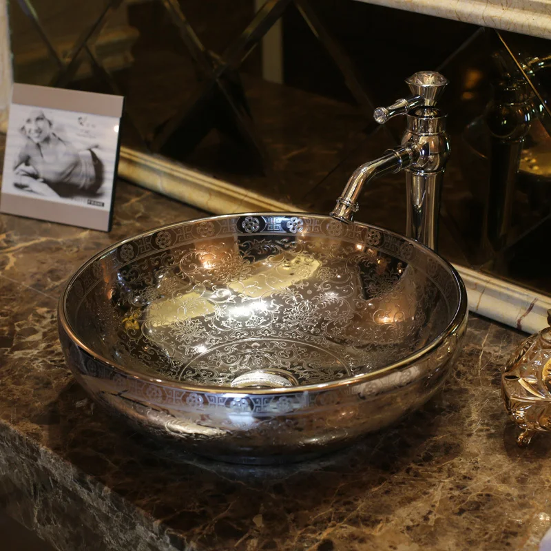 

Europe Vintage Style Art wash basin Ceramic Silver Lavabo Counter Top Wash Basin Bathroom Sinks round art wash basin