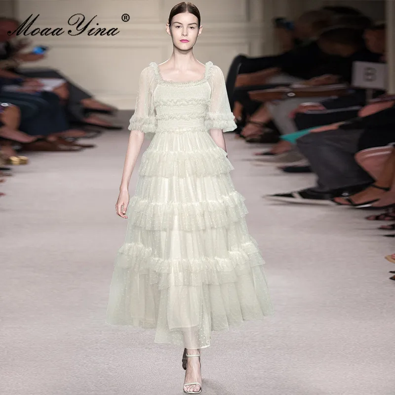 

Fashion Designer Summer Dress Women's Square collar Elasticity Elegant Cascading Ruffles Long Vacation Party Dress