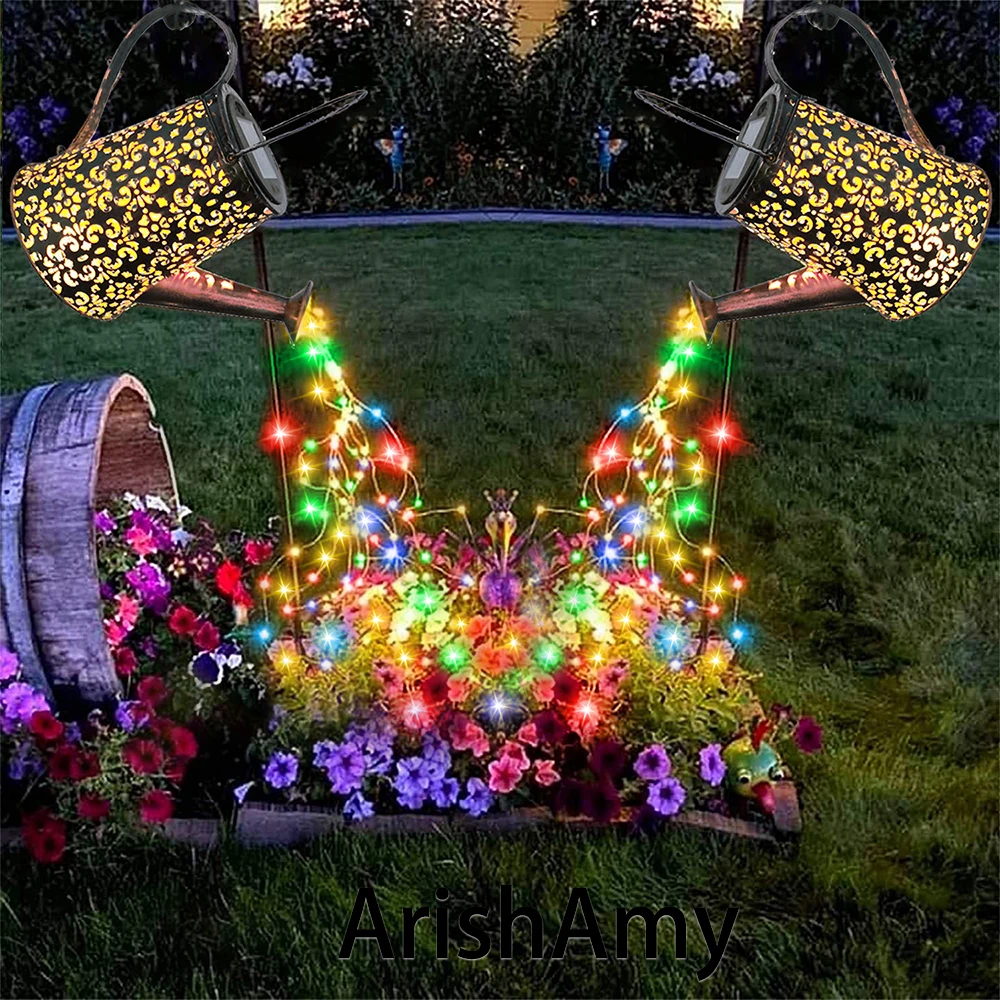 Solar Wrought Iron Hollow Kettle Lamp Trapezoid Watering Can Sprinkles Fairy Shower Lights Stripe Christmas Gardland Waterproof