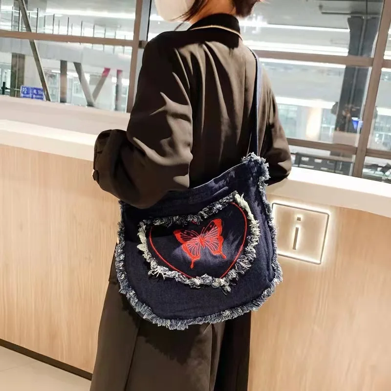 

Y2K Denim Butterfly Pattern Crossbody Bags Female Harajuku Heart Large Capacity Casual Tote Shouder Bag Design Book Cool Girl
