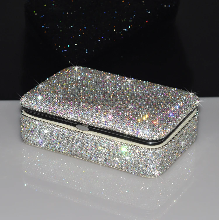 High-grade diamond-studded small jewelry box Travel portable mirror makeup box Earrings earrings ring storage box