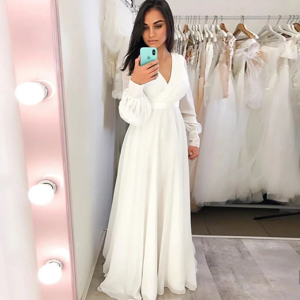 

A-Line Wedding Dress V-neck Cap Puff Sleeves Long Beach Bridal Gowns Princess Party Dresses 2022 Vestidos Casamento