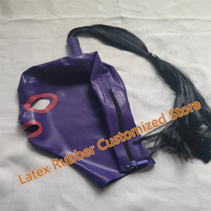Латексная маска резиновый капюшон унисекс с париком фиолетовая красной отделкой