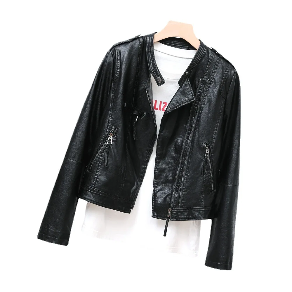 2023 spring clothes new stand-up collar PU women's motorcycle leather jacket epaulette zipper leather jacket Haining short coat