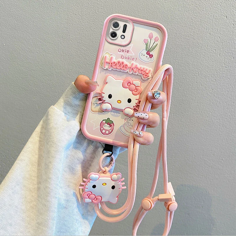 Crossbody Phone Case For Realme C12 C17 C25S C30S C33 C35 C51 C53 C55 C61 C63 C65 C67 Hello Kitty Kuromi Lotso Bear Strap Cover