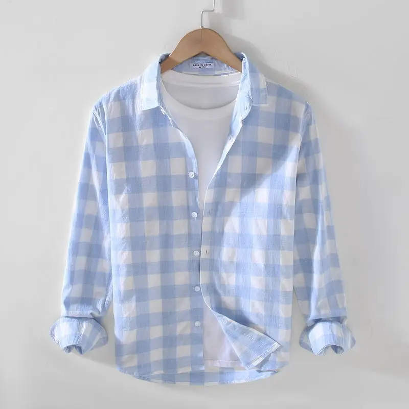 

2022 Spring Autumn New Men Clothes Loose Blouse Shirts Male Casual Plaid Long Sleeve Cotton Shirt Tops A05